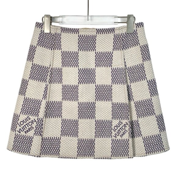 Louis Vuitton Paris Checkerboard Wool Skirt Size 36 Beige & Blue With Gold Butto - Picture 2 of 7